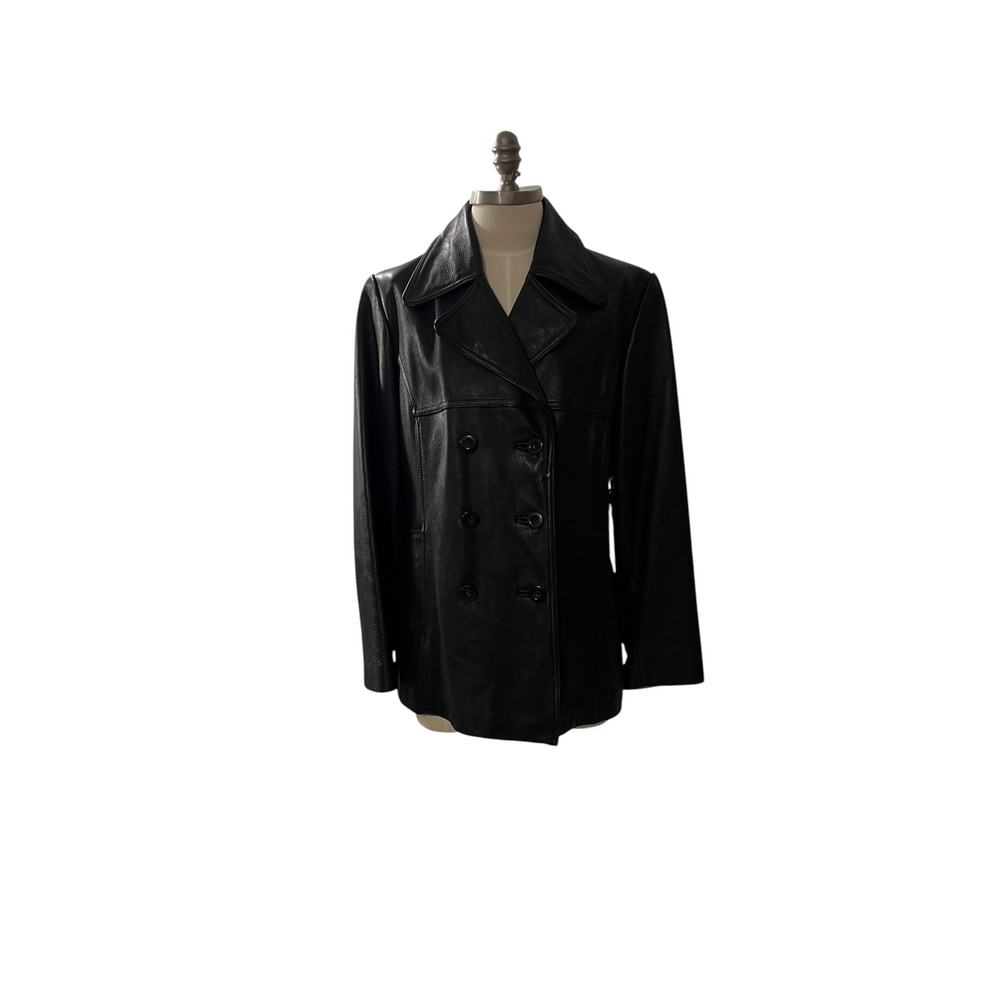 Vintage Jones New York Black Leather Peacoat Jacket Women's Large - Picture 6 of 13